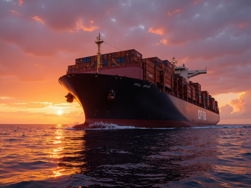 美国海运专线，大型货轮停靠港口，集装箱整齐排列，蓝天白云背景