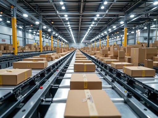 快递包裹分拣中心，工作人员操作设备，现代化仓库环境